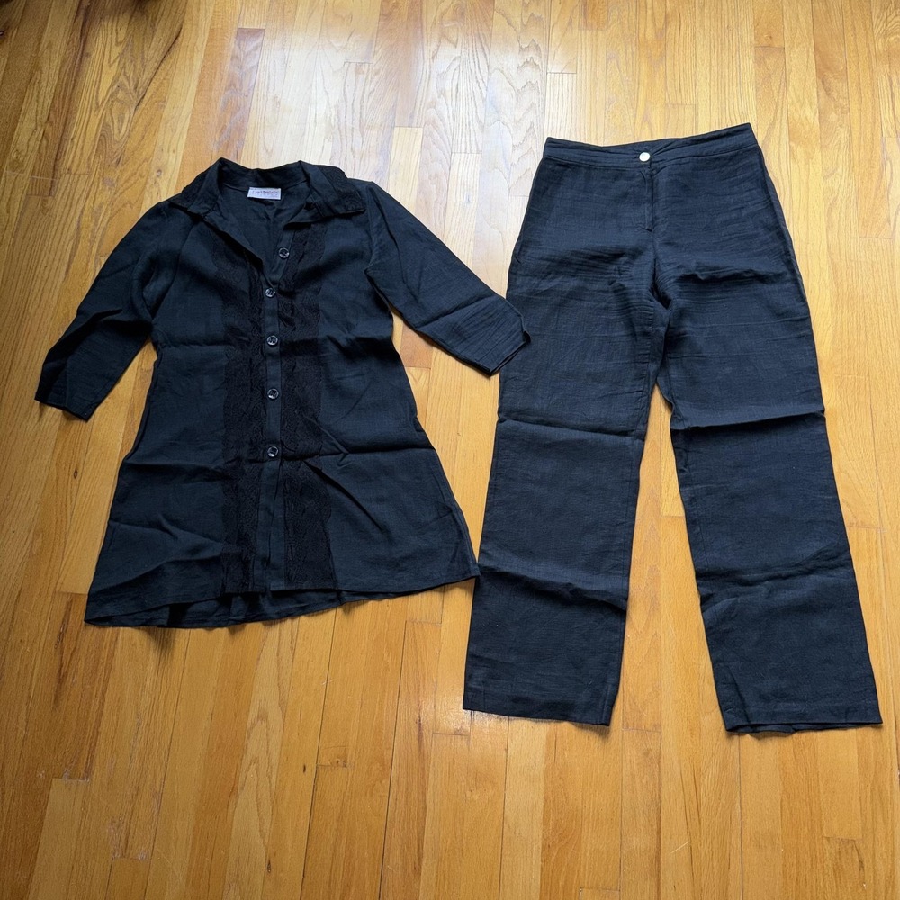Eva‎ Tralala Linen Shirt & Pants Set Black Tunic Top Wide Leg Pants Quiet Luxury